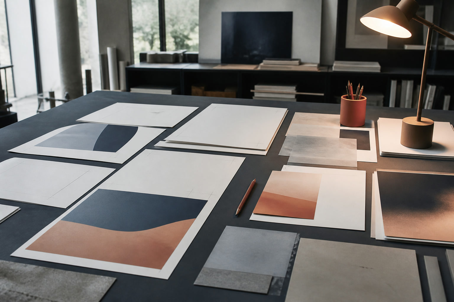 Compositions et papiers disposés sur une table de travail bleu ardoise