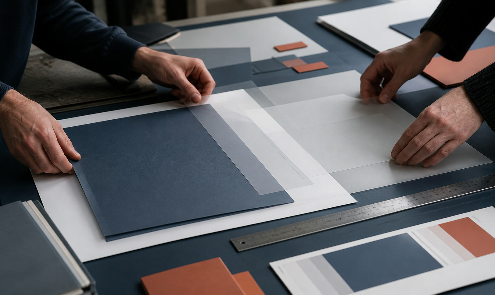 Mains disposant des supports imprimés et des calques sur une table de travail